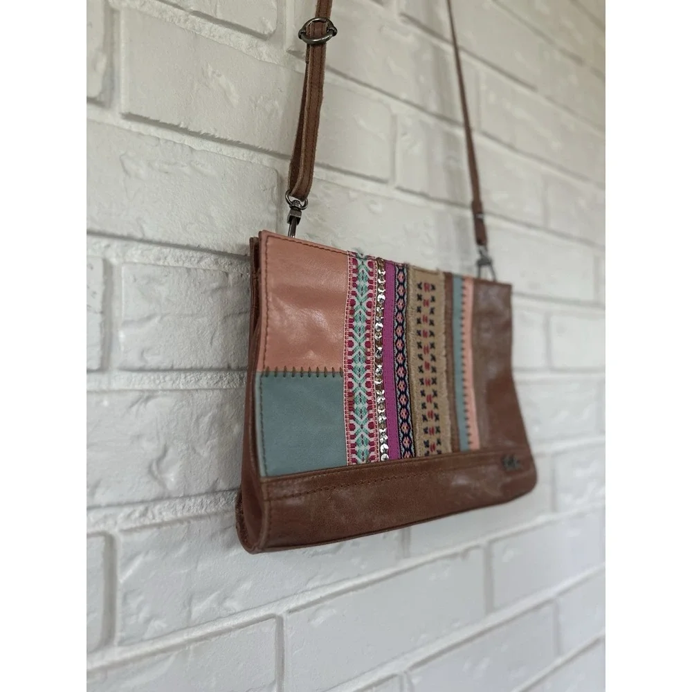 The‎ Sak Cognac/Multicolor Leather Patchwork Crossbody Zip Bag